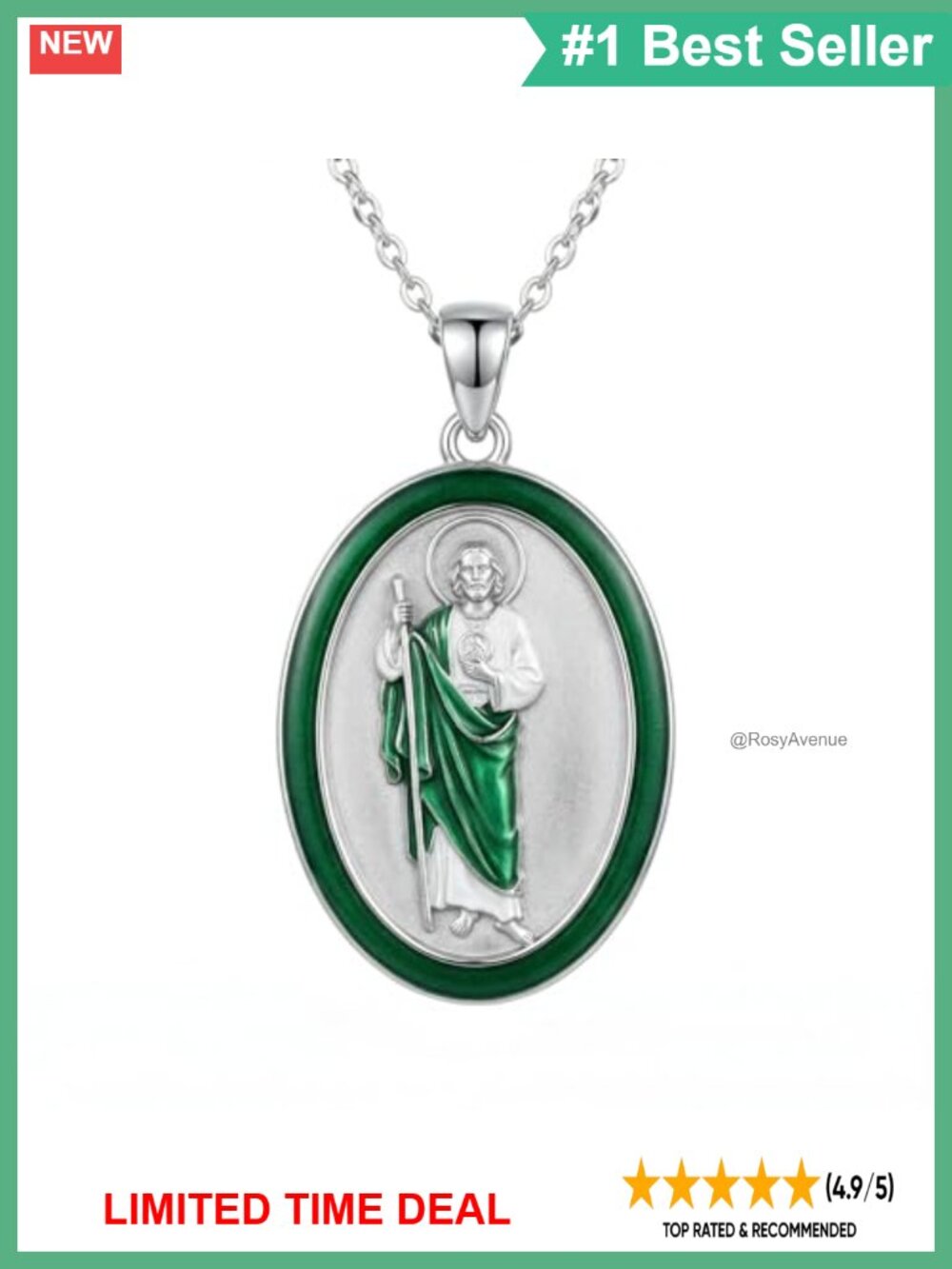 925 Sterling Silver St Jude Necklace with Green Enamel Pendant 18+2" Chain